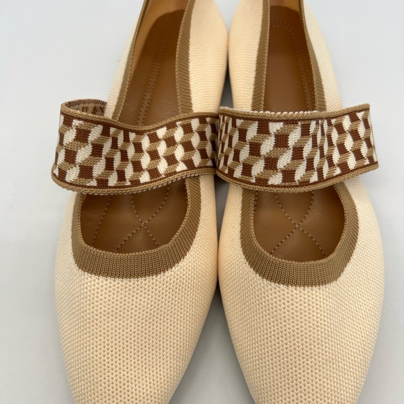 Women’s Cream Mary Jane Flats with Tan Check Strap - Picture 4 of 7